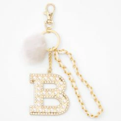 Best reviews of ⌛ Claire's Gold Bling Initial Pom Pom Keyring - White, B 🎁