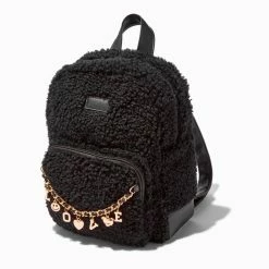 New 💯 Claire's Black Sherpa & Gold Chain Medium 🎒 Backpack 👏