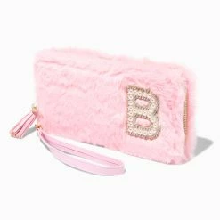 Brand new 🤩 Claire's Pink Furry Pearl Initial Wristlet Wallet - B 🌟