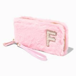 Deals 😍 Claire's Pink Furry Pearl Initial Wristlet Wallet - F 🤩