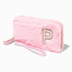 Outlet 😍 Claire's Pink Furry Pearl Initial Wristlet Wallet - P 😍