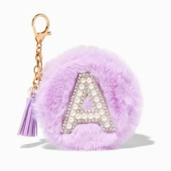 Deals 👏 Claire's Purple Furry Pearl Initial Coin Purse Keyring - A 🥰