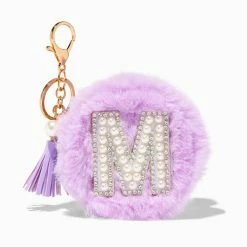 Discount ❤️ Claire's Purple Furry Pearl Initial Coin Purse Keyring - M ⌛
