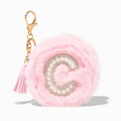 Discount 😍 Claire's Pink Furry Pearl Initial Coin Purse Keyring - C ⌛