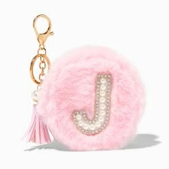 New ✨ Claire's Pink Furry Pearl Initial Coin Purse Keyring - J 🌟
