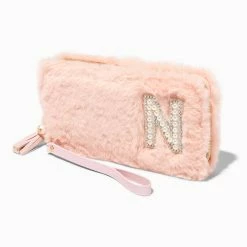 Hot Sale ✨ Claire's Blush Pink Furry Pearl Initial Wristlet Wallet - N 😉