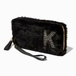 Hot Sale 👏 Claire's Black Furry Pearl Initial Wristlet Wallet - K 👍