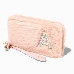 Promo 😍 Claire's Blush Pink Furry Pearl Initial Wristlet Wallet - A 🌟