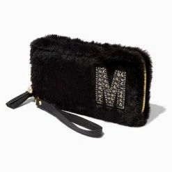 Front Page 21 Top 10 ✨ Claire's Black Furry Pearl Initial Wristlet Wallet - M ✔️