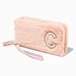 Cheap ✔️ Claire's Blush Pink Furry Pearl Initial Wristlet Wallet - C 💯