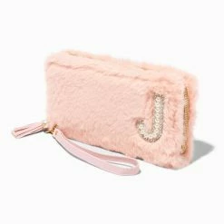 Cheap 🎁 Claire's Blush Pink Furry Pearl Initial Wristlet Wallet - J 🧨