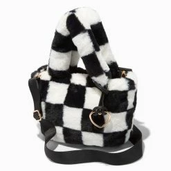 Cheapest 🔥 Claire's Black & White Checkerboard Furry Crossbody Tote Bag 🧨