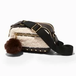 Coupon 🥰 Claire's White Sherpa & Brown Camera Style Crossbody Bag 👍